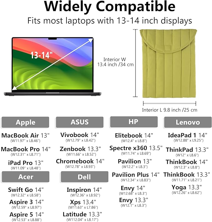 Puffy Laptop Sleeve Set 13-14 Inch Green, Protective Carrying Case for Men and Women, Cute Case Bag Compatible with 13 and 14 Inch Laptops, for MacBook Air M2, Asus/Dell Xps in Cover