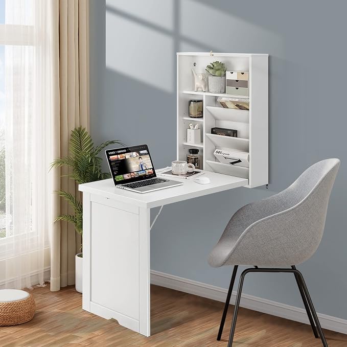 GOFLAME Wall Mounted Folding Desk, 3-Tier Tilt Storage Partition With Adjustable Shelves, Space-Saving Floating Laptop Desk, Convertible Writing Table for Home Office, White
