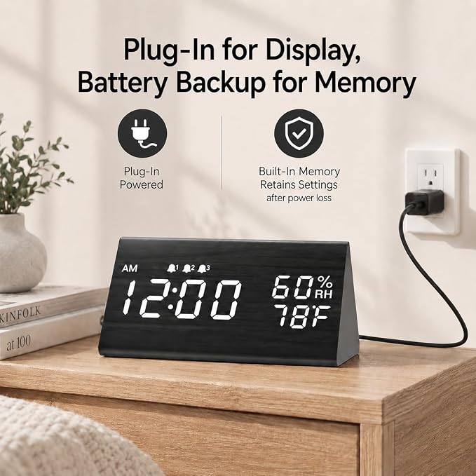 JALL Wooden Digital Alarm Clock for Bedrooms and Office, 3 Alarms with Big Digits, Humidity and Temperature Display, 6-Level Dimmer, Snooze, Loud Desk Clock for Heavy Sleepers, Plug in (Black)