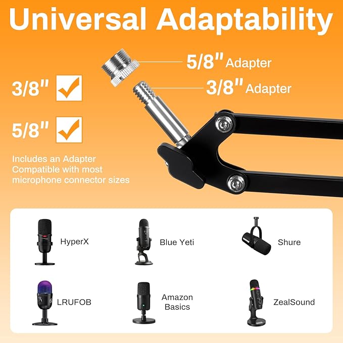 AODSK Microphone Arm Stand Ideal for recording studios, live streaming, and stage use Reinforced base Includes 3/8“ to 5/8” adapter Compatible with most microphones