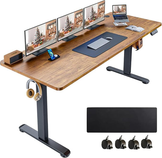 Electric Standing Desk 63 x 24 Inches Adjustable Height Sit Stand Up Desk for Home Office Computer Workstation Memory Preset with Wheels, Brown