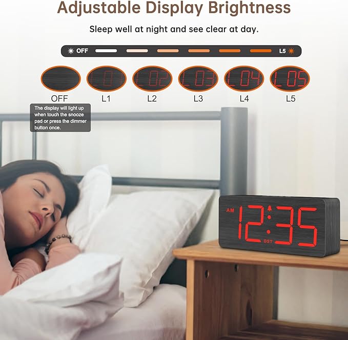 DreamSky Wooden Digital Alarm Clock for Bedroom with Large Numbers | Desk Clocks for Living Room, Loud Alarm for Heavy Sleepers with Volume Control, Dimmer, DST, Office Wood Decor (Plug-in)