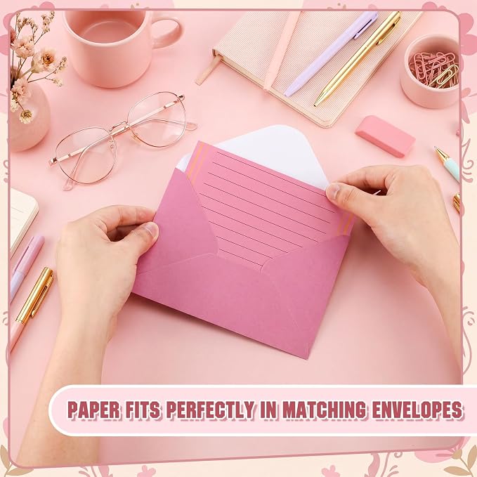 TaoBary 160 Packs Stationery Paper Set (50 Double Sided Stationery Writing Papers 50 Matching Envelopes) 60 Round Dot Sticker, 10 Design (5.5 x 8.25 Inch,Pink Color)
