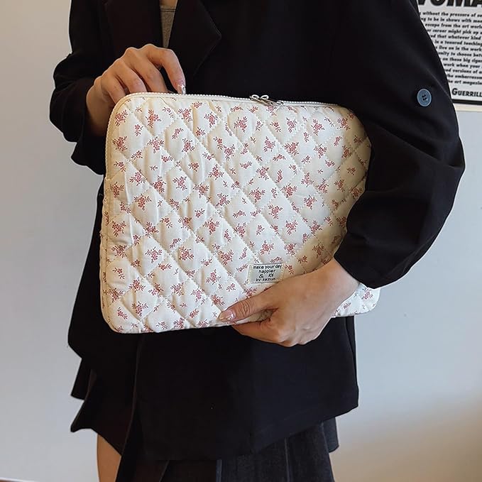 Cute Laptop Sleeve 13-15 inch Laptop Case Aesthetic Quilted Laptop Sleeve Computer Bag with Flower Printing for MacBook (Pink, 13inch)