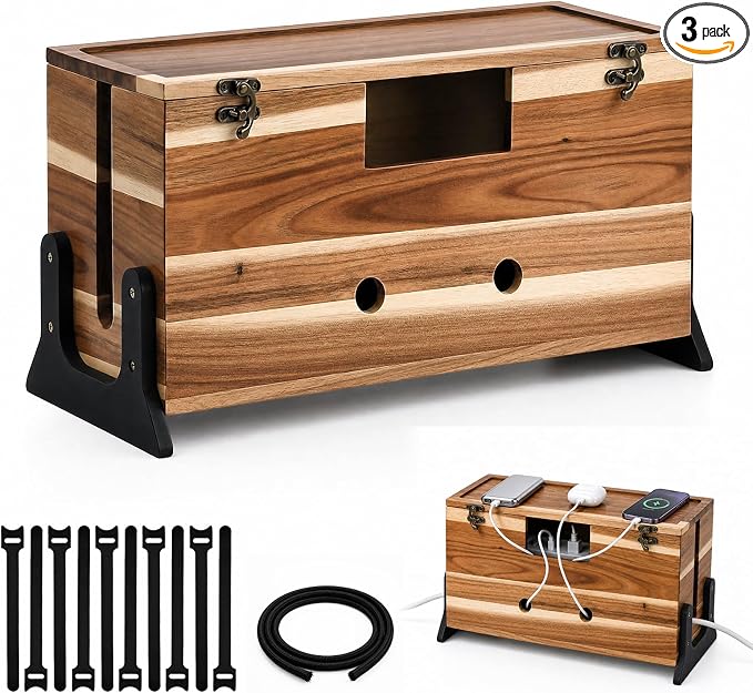 Extra Large Cable Management Box, 14.2-Inch Acacia Wood Cord Hider Box with Dual Locks and Magnetic Lid, Power Strip Cover and Cable Organizer for Desk, Floor, TV Wires and Home Office