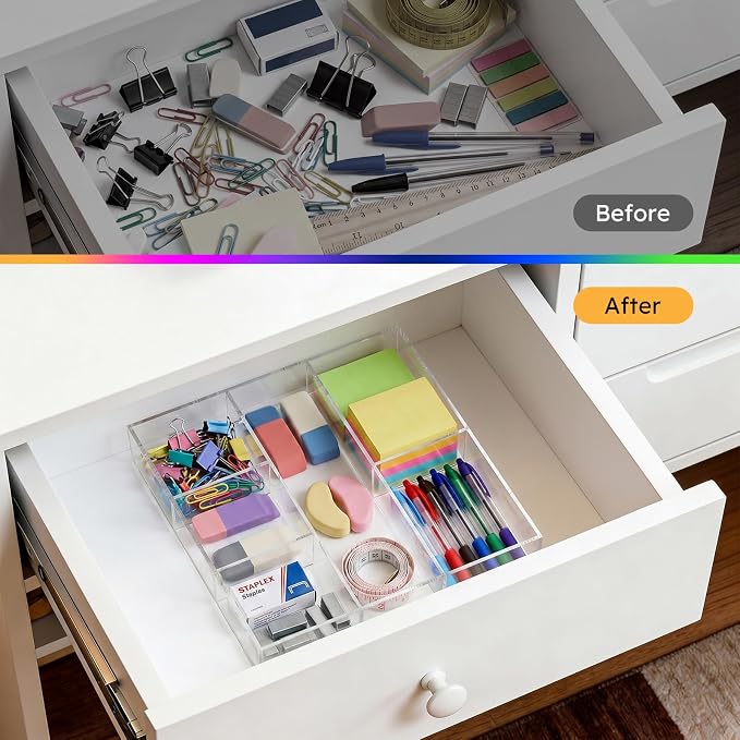 Acrylic Drawer Organizer, 6 Section Clear Makeup Tray Organizer for Drawer Office Bedroom(11.8x11.8 inch)