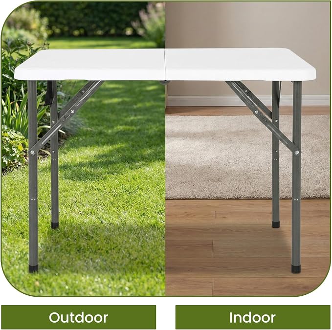FDW 34" Square Plastic Folding Card Table, Portable Fold-in-Half Plastic Picnic Party Table with Carrying Handle, White