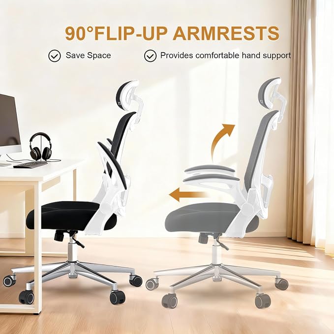 Office Chair, Ergonomic Breathable Mesh Chair,Flip-Up Arms and Adjustable High Back Lumbar Support,Comfy Computer Chair for Home Office (Black/White, 407)