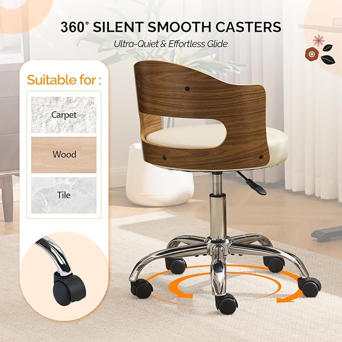 VINGLI Armless Home Office Desk Chair, Adjustable Swivel Chair,Dual-Use with/no Wheels,Small Retro Designed Walnut Curved Task Chair,Cushioned Nail Tech Chair for Study Area,Workspace,PU,Ivory White