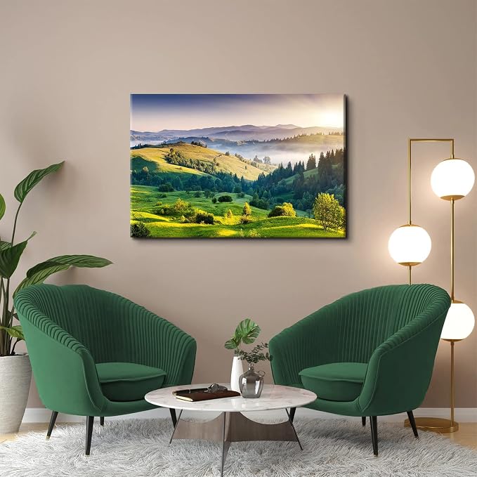 Green Misty Forest Wall Art Spring Mountain Landscape Wall Decor Large Nature Scenery Canvas Picture Painting Modern Framed Artwork for Bedroom Living Room Bathroom Office Home Decoration 32 x 48 Inch