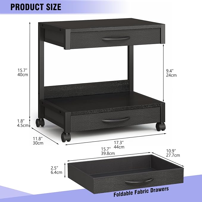VENNQD 2-Tier Desktop Printer Stand with 2 Fabric Drawers, Prtiner Table with Storage Shelf, Desk Organizer for Home Office,3D Printer,Fax Machine,Scanner (Black, 2 Tier)