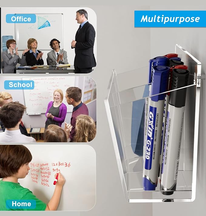 FUCDTEFC Wall Mount Marker Holder, Acrylic Dry Erase Marker Wall Holder, 2 Compartments Pencil Pen Dispenser Makeup Markers Holder Whiteboard Clear Organizer for Classroom Wall | 2 Compartments, Pencil Pen Dispenser, Makeup Markers Holder, Whiteboard, ...