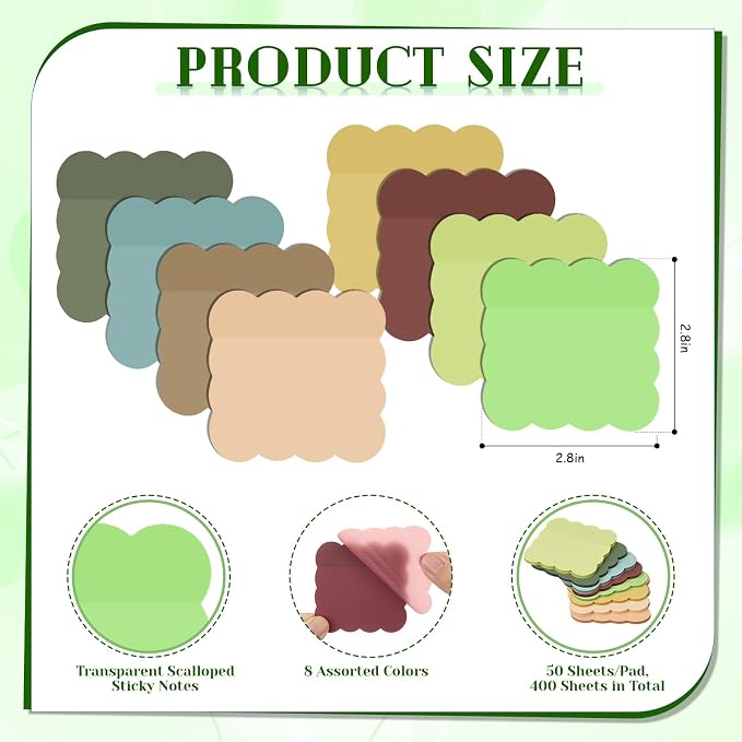 Eaasty 400 Sheets Transparent Sticky Notes 2.8x2.8 Clear Scalloped Sticky Notes 8 Pads Cute Wavy Translucent Pads Waterproof See Through Note for Bible Study Annotation School Office(Earth Tones)