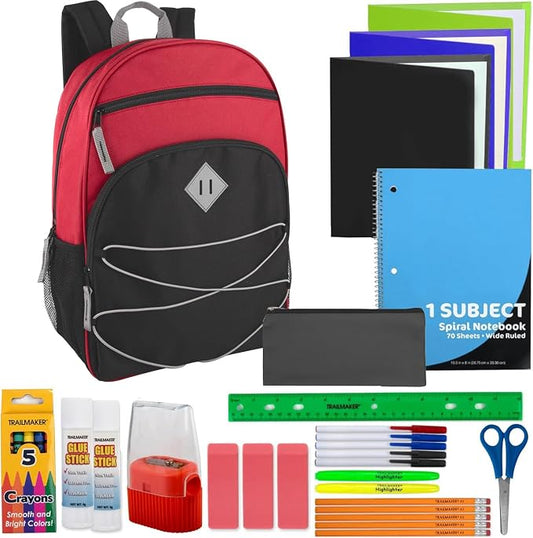 Trail maker Kids Backpacks with School Supplies for Boys, Girls | 30 Piece Back to School Supplies Set with 17" Bungee Backpack (Red & Black)