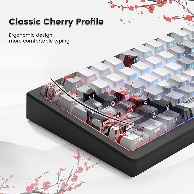 Womier PBT Keycaps Set 130 Keys, Custom White Japanese Keyboard Doubleshot Dye Sub Side Print Shine Through Keycaps 60 65 75 100 Percent, Cherry Profile (Plum Blossom)