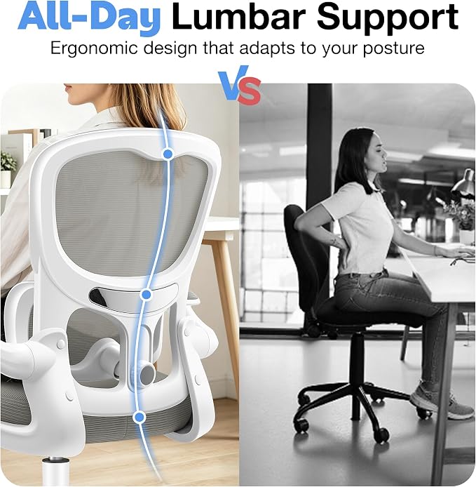 ALLGOD Ergonomic Office Chair, Breathable Mesh Ergonomic Desk Chair with Adjustable Lumbar Support, Flip-up Armrests, Computer Chairs Comfortable for Home, Office, Work, 300lbs, LightGray, Upgrade