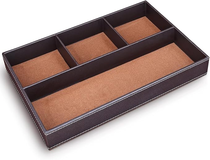 Pu Leather Desk Organizer Tray, 4 Compartment Office Storage Supplies Stationery Drawer Tray, Nightstand Bedside Tray for Key, Wallet, Watch, Coin, Phone Valet Tray Stackable