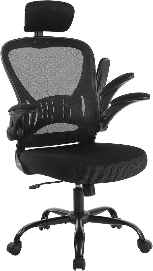 Youhauchair Adjustable Mesh Ergonomic Office Chair with Wheels, Black | Flip-up Arm, Lumbar Support, Height Adjustable, Breathable, Rocking, Mid Back Swivel Compurter Chair with Headrest, Set of 1