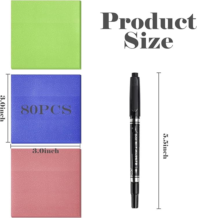 BAYTORY 240 Sheets Pop Paper Up Transparent Glitter Sticky Notes, 1Pc Double Maker Pen, Waterproof Self-Stick Note, 3 x 3 Colorful Self-Adhesive Note for Bible Accessories (Green & Pink & Blue)