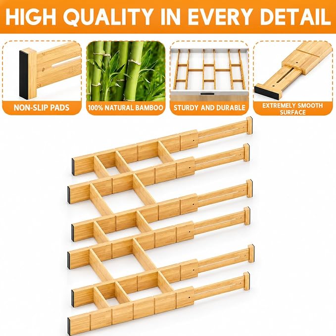 Expandable and Adjustable Bamboo Drawer Dividers with 12 Inserts, Kitchen Drawer Organizer
