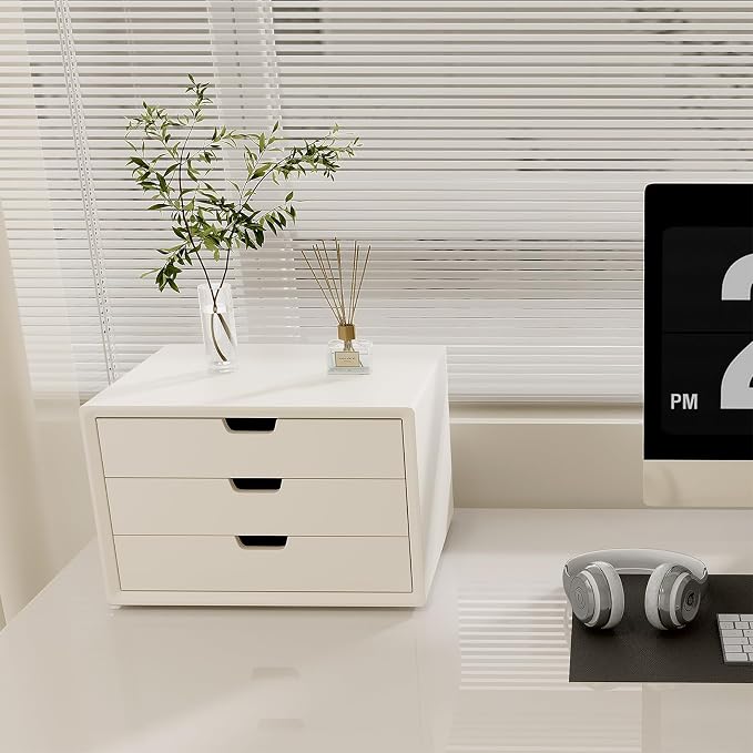 LitaEther Desk Organizer with 3 Drawers, ALEX Drawer Unit, Chic White Wood Cosmetic Makeup Organizer for Office Vanity Tabletop Storage 13.8"X 9"X10.2"