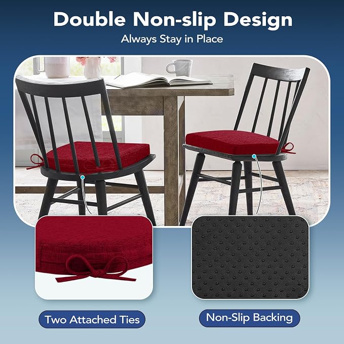 Chair Cushions for Dining Chairs, Non Slip Chair Pads with Ties and Washable Covers, Memory Foam Kitchen Chair Cushions Set of 4, 16"X16"X2.5", Red