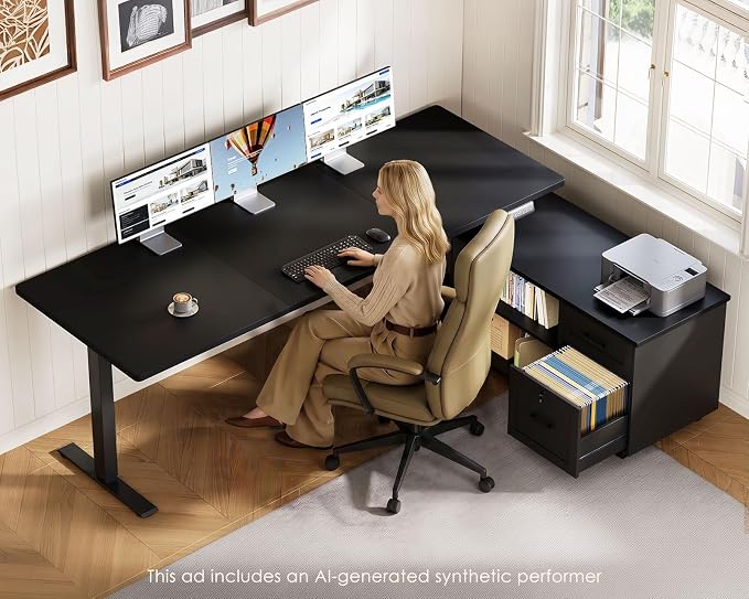OffiGo 63 Inch L Shaped Electric Standing Desk with File Cabinet, Black | Mobile Drawers & File Cabinet for Flexible Layout, Height Adjustable Executive Stand Up Desk for Home Office Workstation