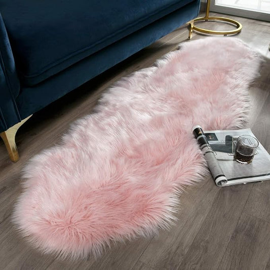 Ashler faux fur rug, Fluffy Shaggy Area Rug Ultra Soft 2 x 6 Feet Sheepskin Fur Rug, Pink Fuzzy Rug Machine Washable Shag Rug, Nursery Decor Throw Rugs for Bedroom, kids room, Living Room