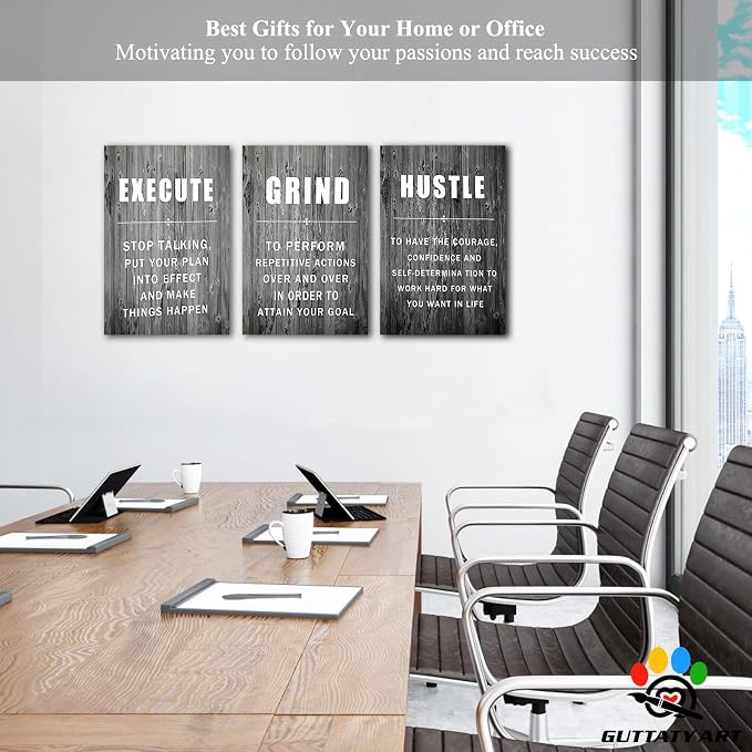 Office Wall Art - 3 Panel Motivational Wall Art, Inspirational Quotes Canvas Art for Home Office Wall Decor, Positive Quotes Wall Decor, Entrepreneur Grind Hustle Execution Poster Frame (16”x24”x3Pcs)