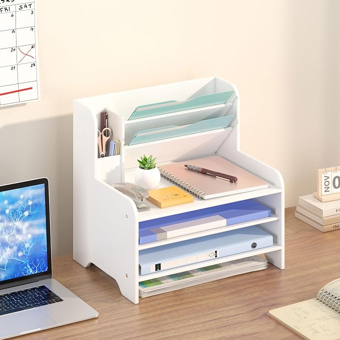 Bamboo File Organizer for Desk, Desktop Paper Tray and Mail Holder | Three open tiers keep A4/letter paper, folders, bills and mail sorted, visible and easy to reach while saving desk space