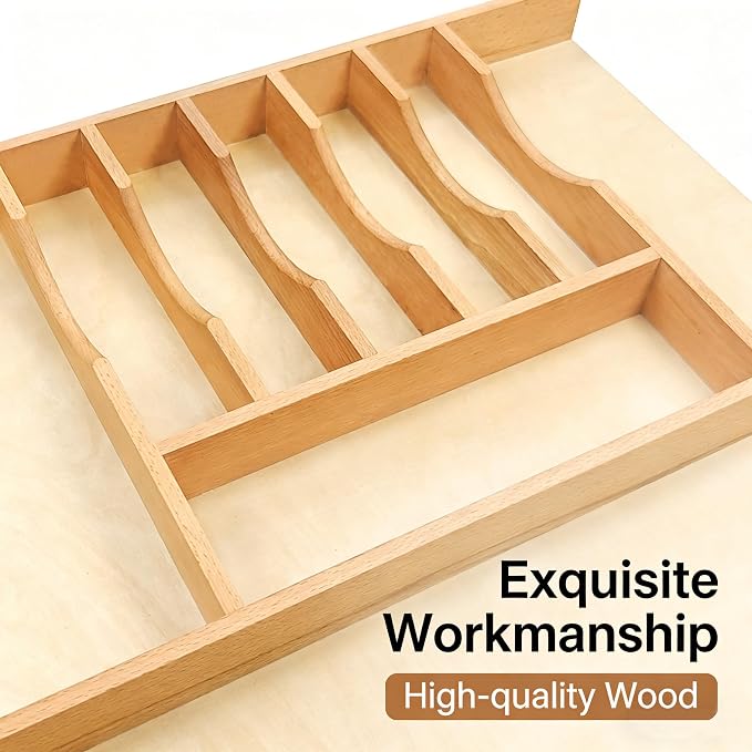 Silverware Drawer Organizer - Trim-to-Fit with Adjustable Dividers for Kitchen Utensil Storage, Beech Wood Frame with 11 Sizes (14.63" W x 22" D)