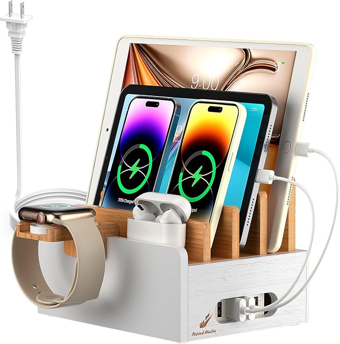 Pezin & Hulin Bamboo Charging Station with USB Charger&Cables-Natural+White | Desk Docking Station Smart Watch&Earbuds Stand for Multiple Devices Electronic Organizer for Cell Phone, Tablet