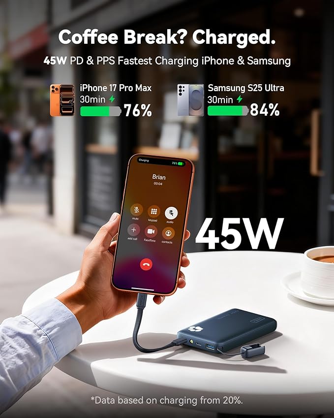INIU 45W Fast Charging Portable Charger, 40% Smaller 10000mAh with Detachable Cable, Flight-Safe Travel Power Bank, USB C External Phone Battery Pack for Business, School, Dorm, College Student, Blue