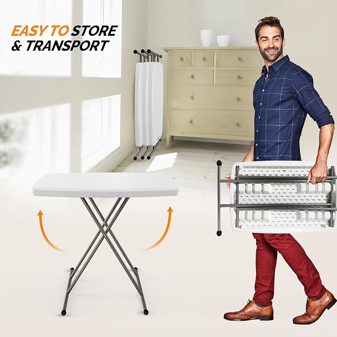 VINGLI Small Adjustable Folding Table, 13.8 in-28 in Height Personal Laptop TV Tray, HDPE Plastic Top with Steel Frame, 30 inch, White