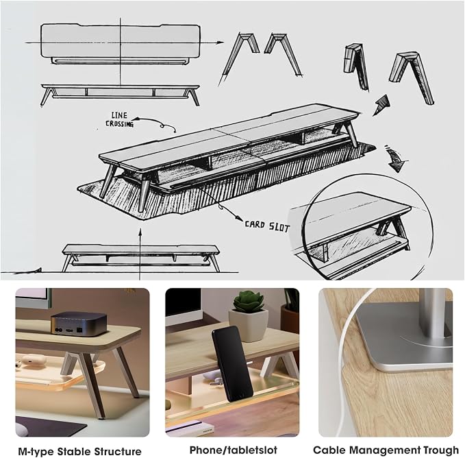 Fenge Dual Monitor Stand with 8-Mode LED Lights and Frosted Shelf, Oak | Sturdy Aluminum Legs, Built-In Phone & Tablet Slot, 2-Tier Storage, 42.5-Inch Desk Shelf for Gaming, Home Office & Streaming