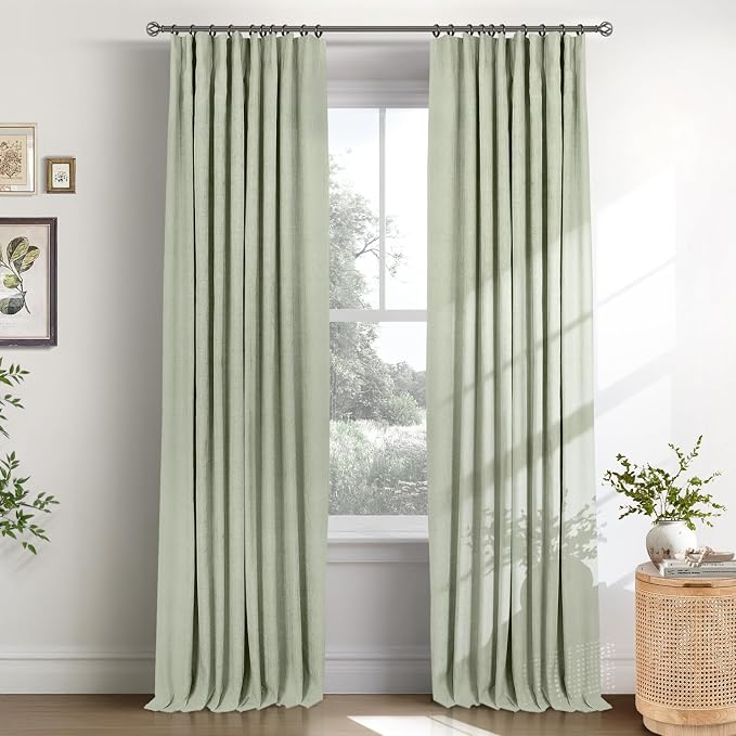 INOVADAY 100% Blackout Curtains for Bedroom, Sage Black Out Curtains 108 Inch Long, Clip Rings Linen Blackout Drapes, Thermal Insulated Room Darkening for Living Room, 2 Panels - W50xL108