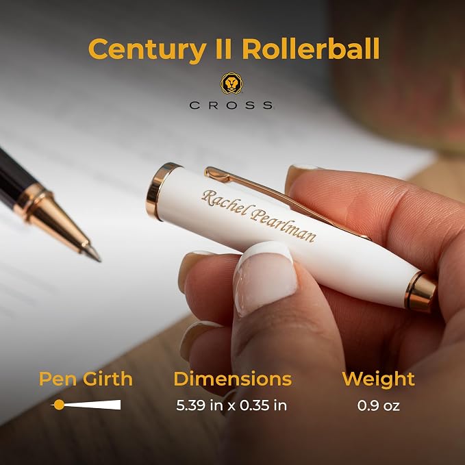 Cross Century II Rollerball Pen, Pearlescent White with Rose Gold Trim, Personalized Laser Engraving, Black Ink, Cross Gift Box, Mothers Day and Graduation Gift for Women