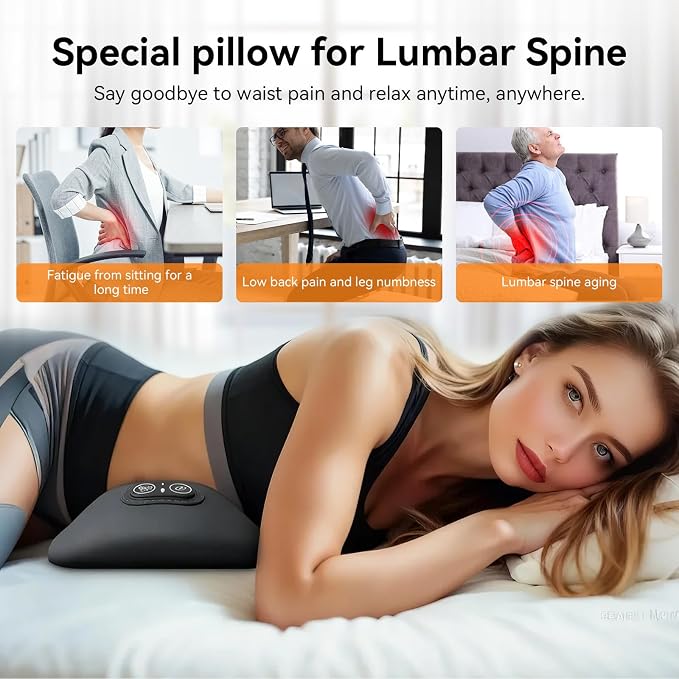 3-in-1 Electric Lumbar Support Pillow, Triple Fusion Back Massager with Heat, Vibration and Stretch, Ergonomic Lower Back Massager for Pain Relief Deep Tissue, Ideal for Car Bed Office Chair Travel