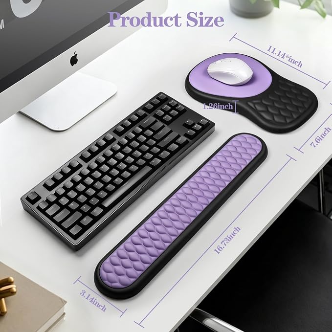 Ergonomic Wrist Rest for Keyboard and Mouse Pad Support Set, Soft Memory Foam Massage Design Relieves Wrist Pain, Non-Slip PU Base for Computer Desk (2-in-1 * Black + Purple)