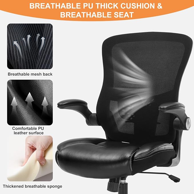 PU Leather Mesh Ergonomic Office Chair with Adjustable Arms Lumbar Support | Adjustable Height High Back Mesh Support with Flip up Armrests, Swivel Task Chairs for Home Office Computer 400BLS