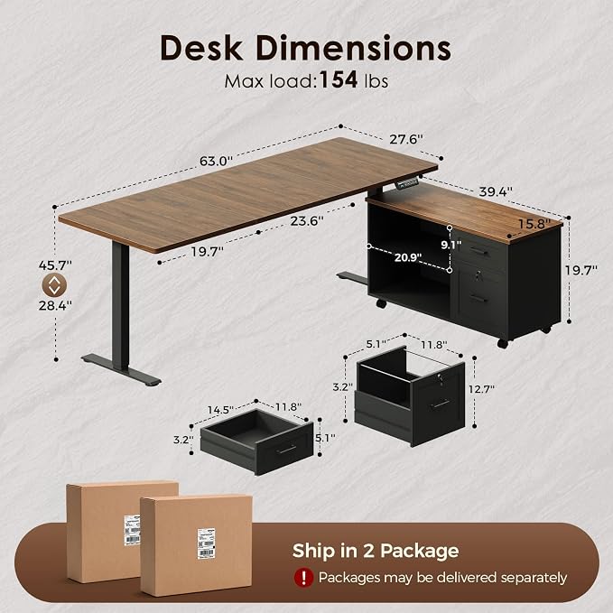 OffiGo 63" L Shaped Electric Standing Desk with File Cabinet, Walnut/Black | Mobile Drawers & File Cabinet for Flexible Layout, Height Adjustable Executive Stand Up Desk for Home Office Workstation