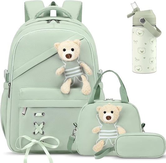 ACESAK Backpack for Girls with Insulated Water Bottle - 4 PCS Cute Girls Backpack with Lunch Box, Pencil Case & Kids Cup Set - 14oz Kids Water Bottle with Straw Set Back to School Supplies (Green)