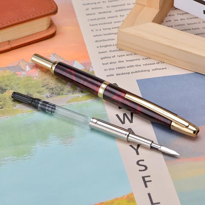 Jinhao 10 Press Fountain Pen with Box, Marble Red Retractable Fine Nib with Ink Converter Set (Golden Clip)