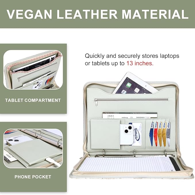 Leathario Portfolio Binder, Includes 5 Folder Index Dividers and 3 Notepads, 3-Ring Folder Organizer, Padfolio with Zipper, Vegan Leather Tablet Sleeve, Business Office Conference Clipboards