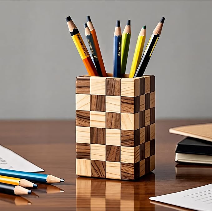 Wooden Pen Holder for Desk, 2 Pack Natural Wood Pencil Cup Holder – Office Desk Accessories Organizer, Makeup Brush Holder, Kids Crayon Marker Caddy, Eco-Friendly (2 Pack Mosaic Pattern)