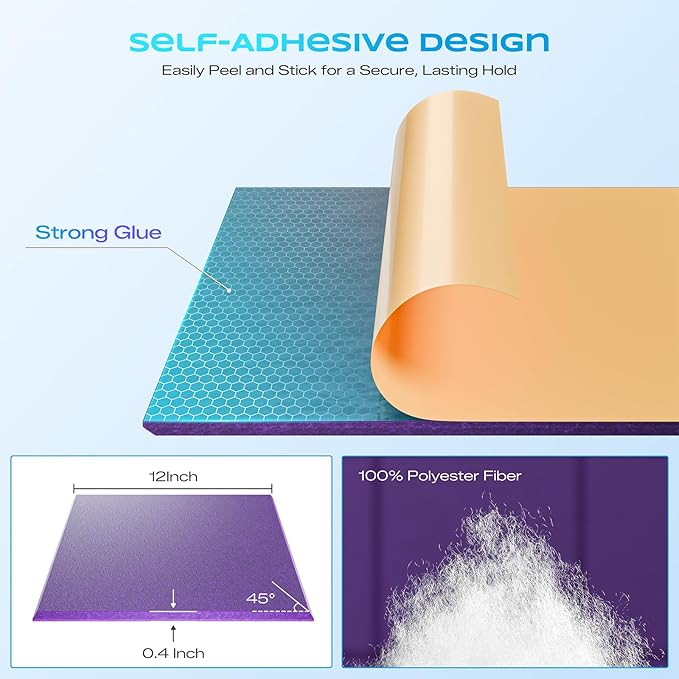 12 Pack Self-Adhesive Acoustic Panels, 12" X 12" X 0.4" High-Density Sound Proof Foam Panels for Walls, Soundproof Wall Panels for Home & Office (Purple)