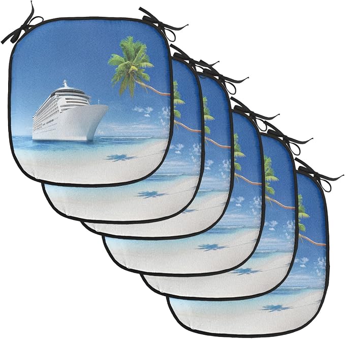 Lunarable Travel Chair Cushion Pads Set of 6, Ship Coastline Palm Tree Sandy Beach Nature Sunny Day Exotic Journey Seascape, Anti-Slip Seat Padding for Kitchen & Patio, 16"x16", Blue Green White