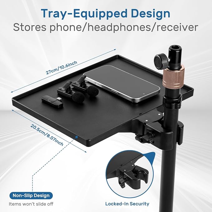 BILIONE Microphone Stand Floor with Tray & Boom Arm, 5.5lbs Weighted Base, Height Adjustable Studio/Podcast Mic Stand w/ 3/8'' to 5/8'' Adapter & 2 Mic Clips Compatible with Blue Yeti QuadCast AT2020