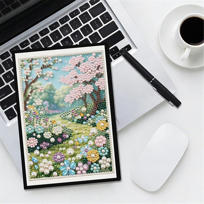 FRANDEK Pearl Painting Notebook Kit, Spring Forest A5 DIY Journal with 50 Blank Pages, Diamond Gem Art Cover with Waterproof Canvas, Beginner Craft Set with Full Tools for Adults