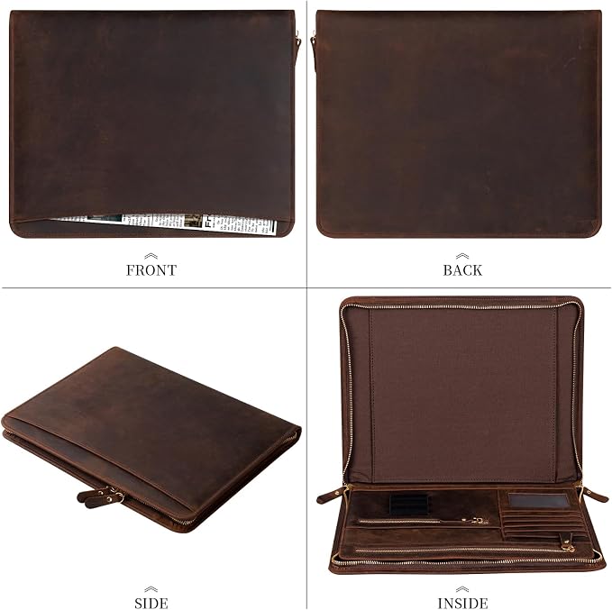 Gexmil Leather Portfolio Organizer for Women Men, Business Padfolio Folder with Zipper, Full Grain Leather,Interview Legal Document File Resume Organizer, A4 Writing Notepad Padfolio, Dark Brown